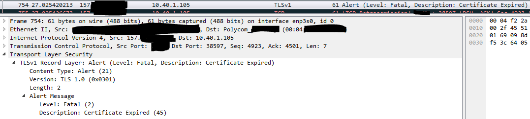 Packet capture showing Certificate Expired error sent from server to client